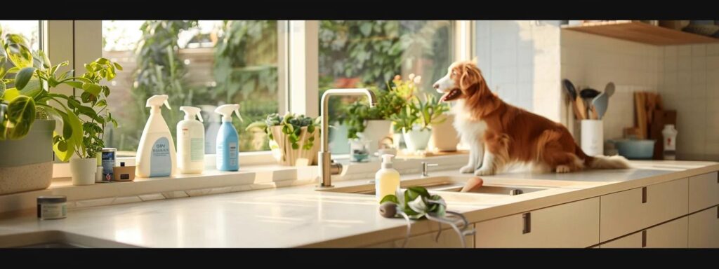 a brightly lit, modern kitchen showcases eco-friendly cleaning products on a countertop, while a playful dog and a curious cat explore their clean surroundings, emphasizing safe cleaning practices for households with pets.